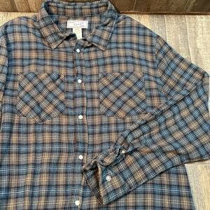 Haband Casual Joe Men's Plaid Long Sleeve Snap Shirt‎ Blue Brown Size Large